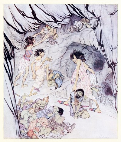 Questa è grassa, disse Cullen, e rotolò un grosso Feniano come una ruota da La grotta incantata di Cesh Corran in Fiabe irlandesi da Arthur Rackham
