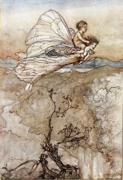 Titania, la Regina delle Fate, vola con il suo bambino changelin sulla schiena. Illustrazione di Arthur Rackham per Il Sogno di una Notte di Mezza Estate di William Shakespeare da Arthur Rackham