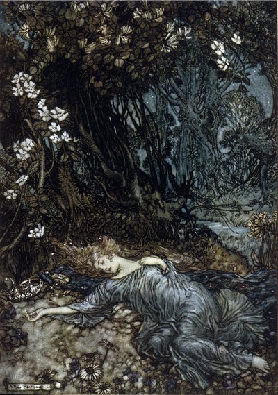 Titania, la Regina delle Fate, dorme. Illustrazione di Arthur Rackham per Il Sogno di una Notte di Mezza Estate di William Shakespeare da Arthur Rackham