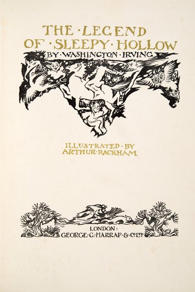 Pagina del titolo, da La leggenda di Sleepy Hollow di Washington Irving (1783 - 1859), pub. 1928 da Arthur Rackham