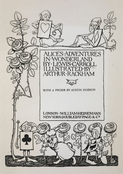 Pagina del titolo con un cespuglio di rose, il Coniglio Bianco e uomini vestiti da carte da Arthur Rackham