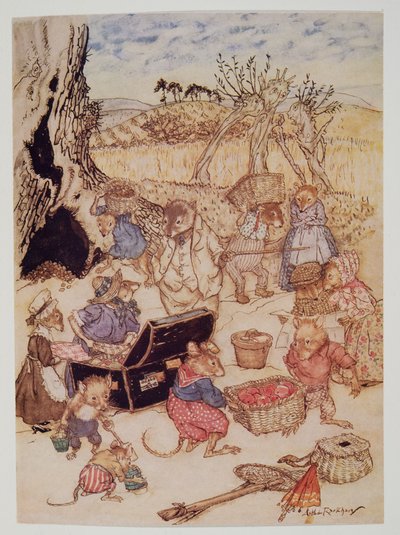 Oggi, però, anche se erano abbastanza civili, i topi di campagna e i topi di raccolto sembravano preoccupati, da Il vento nei salici di Kenneth Grahame, pub. 1940 da Arthur Rackham