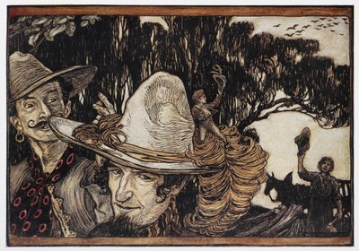 Pollicino seduto sul bordo di un cappello da Arthur Rackham