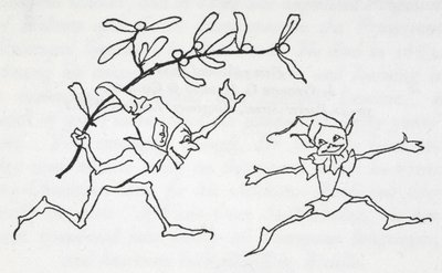 Due elfi che giocano, uno che porta un ramoscello di vischio da Arthur Rackham