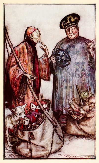 Due di quei saggi... come venditori ambulanti tra noi (esprimendosi con le cose che portano in giro) dalla Parte III: Un viaggio a Laputa, Balnibarbi, Luggnagg, Glubbdubdrib e Giappone nei Viaggi di Gulliver da Arthur Rackham