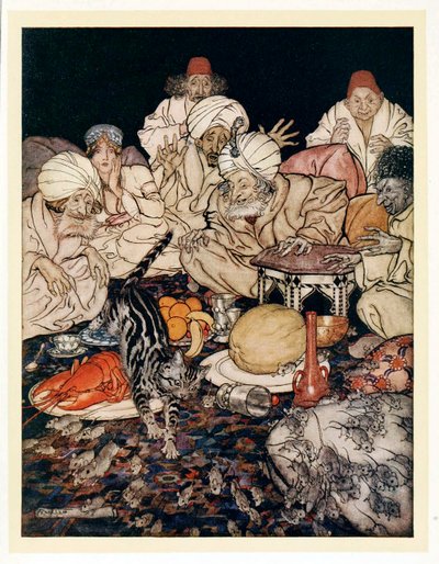 Quando il gatto vide i topi e i ratti, non aspettò di essere invitato, da Fiabe inglesi, pub. 1922 da Arthur Rackham