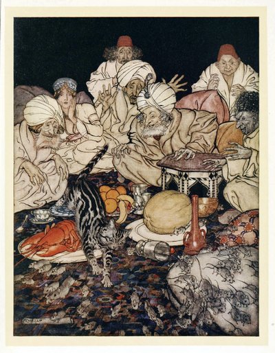 Quando Puss vide i topi e i ratti, non aspettò di essere avvisata, da Fiabe inglesi, pub. 1922 da Arthur Rackham