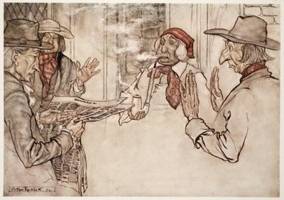 Quando qualcosa lo contrariava, si osservava che fumava la sua pipa con veemenza, emettendo sbuffi corti, frequenti e arrabbiati., da Rip Van Winkle di Washington Irving, pub. 1910 da Arthur Rackham