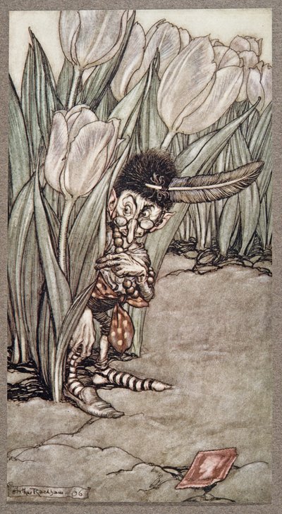 Quando sentì la voce di Peter si nascose allarmato dietro un tulipano, da Peter Pan nei Giardini di Kensington di J M Barrie (1860 - 1937), pub. 1906 da Arthur Rackham