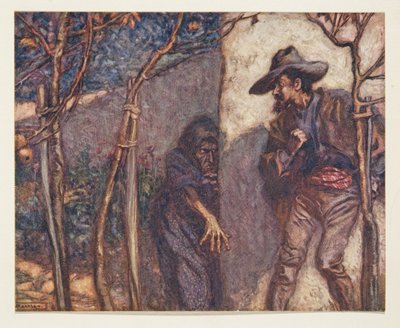 Quando scavalcò il muro fu terrorizzato nel vedere la strega davanti a lui, da Le fiabe dei fratelli Grimm, pub. 1909 da Arthur Rackham