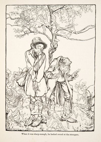 Quando fu abbastanza affilato, guardò intorno agli estranei, da Fratellino e Sorellina e altre fiabe dei Fratelli Grimm, pub.1917 (litografia) da Arthur Rackham