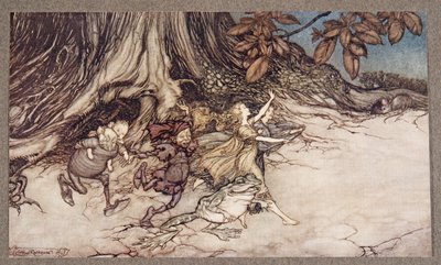 Quando pensano che non stai guardando, saltellano piuttosto vivacemente, da Peter Pan nei Giardini di Kensington di J M Barrie (1860 - 1937), pub. 1906 da Arthur Rackham