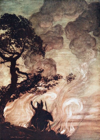 Wotan si volta e guarda tristemente indietro a Brünnhilde. Illustrazione per L