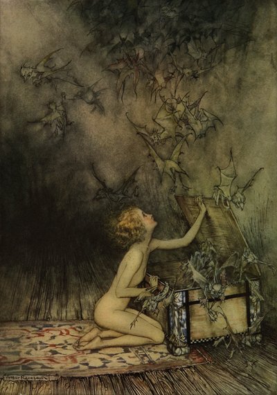 Giovane ragazza e pipistrello da Arthur Rackham