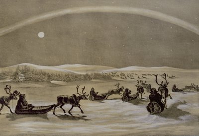 Una singolare apparizione delle luci del nord sopra una mandria di renne di un lappone che attraversa il Jerdis Javri, da Winter Sketches in Lapland, inciso da James Duffield Harding (1798-1863) 1825 da Arthur de Capell Brooke