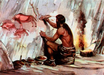 Un Homo Sapiens che dipinge in una grotta, da "Vita Meravigliosa" (stampa) da Artist Unknown