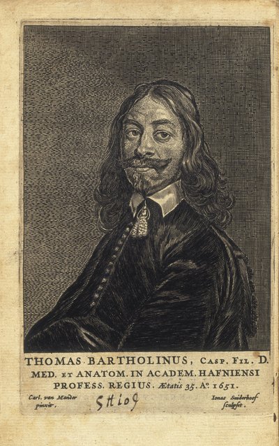 Thomas Bartholin (1616-1680). Medico, matematico e teologo danese. È noto per il suo lavoro nella scoperta del sistema linfatico negli esseri umani e per i suoi progressi nella teoria dell