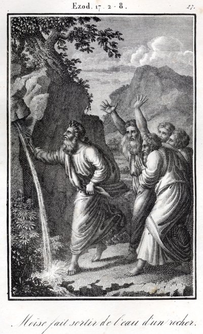 Bibbia - Mosè colpisce la roccia e ne esce acqua Esodo (incisione) da Artist Unknown