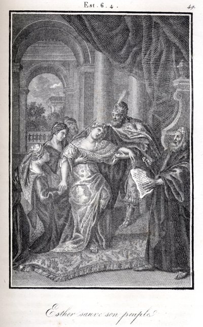Bibbia, Ester salva il suo popolo dicendo ad Assuero che Haman aveva intenzione di ucciderla (incisione) da Artist Unknown