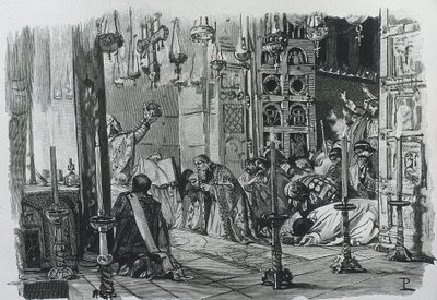 CARLOMAGNO o CARLO I (742-814). Re dei Franchi e dei Longobardi (768-814) e Imperatore del Sacro Romano Impero (800-814). Incoronazione di Carlo Magno come Imperatore del Sacro Romano Impero (800). Incisione. da Artist Unknown