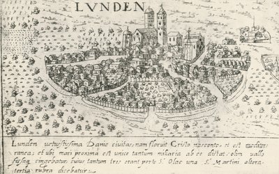 La città di Lund, che apparteneva alla Danimarca nel Medioevo, incisione da Artist Unknown