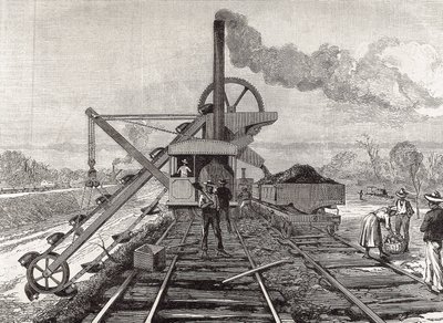 Costruzione del Canale di Panama. Lavori di dragaggio nel villaggio di Culebra. Disegno originale di Meltor Prior. Immagine pubblicata in "The Illustrated London News". Incisione. da Artist Unknown