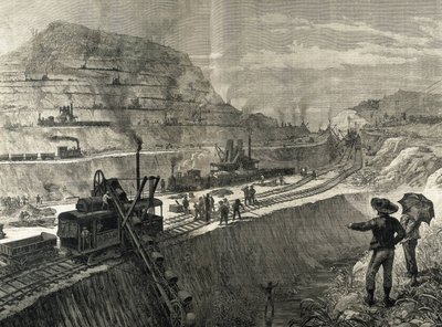 Costruzione del Canale di Panama, lavori di dragaggio nel villaggio di Culebra (incisione) da Artist Unknown