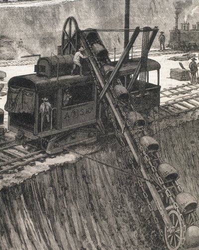 Costruzione del Canale di Panama, lavori di dragaggio nel villaggio di Culebra (incisione) da Artist Unknown