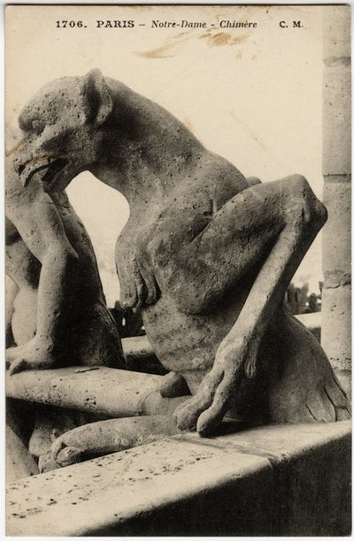 Gargoyle o chimere della cattedrale Notre Dame de Paris costruita tra il 1163 e il XIV secolo - Cartolina, collezione Selva da Artist Unknown