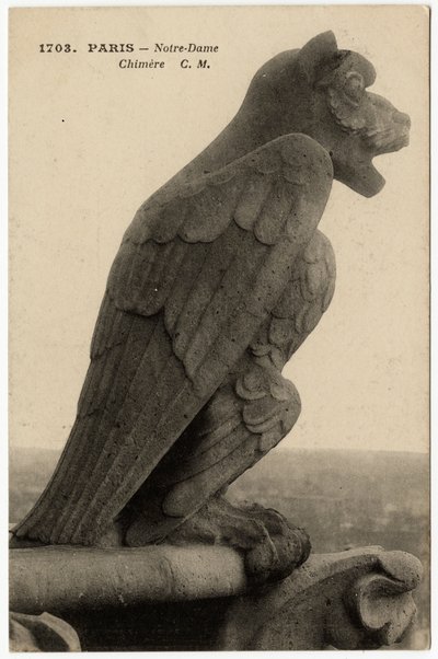 Gargoyle o chimere della cattedrale Notre Dame de Paris, costruita tra il 1163 e il XIV secolo - Cartolina, collezione Selva da Artist Unknown