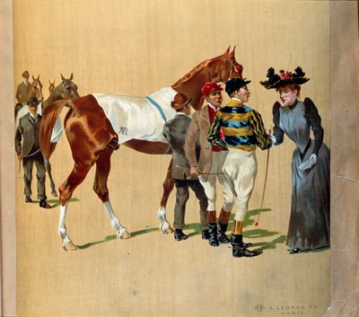 Corse di cavalli: gli ultimi consigli prima della corsa, inizio del XX secolo (stampa) da Artist Unknown