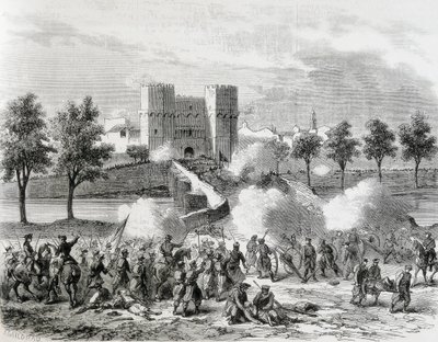 Spagna (1868). Gloriosa Rivoluzione. Attacco delle truppe governative alla Porta dei Serrani a Valencia. Incisione da 