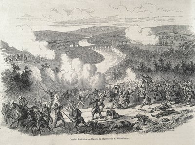 Spagna. Rivoluzione del 1868. Battaglia di Alcolea (20 settembre), che culminò con la deposizione di Isabella II. Incisione da Artist Unknown