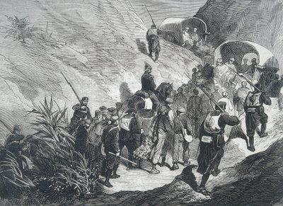 Spagna. Terza Guerra Carlista. Prigionieri carlisti che attraversano le montagne in Empordà (Catalogna). Incisione. da Artist Unknown