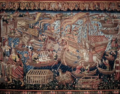 Il navigatore portoghese Vasco de Gama (1459-1524) arrivò a Calicut in India nel 1498, dettaglio, arazzo da Artist Unknown