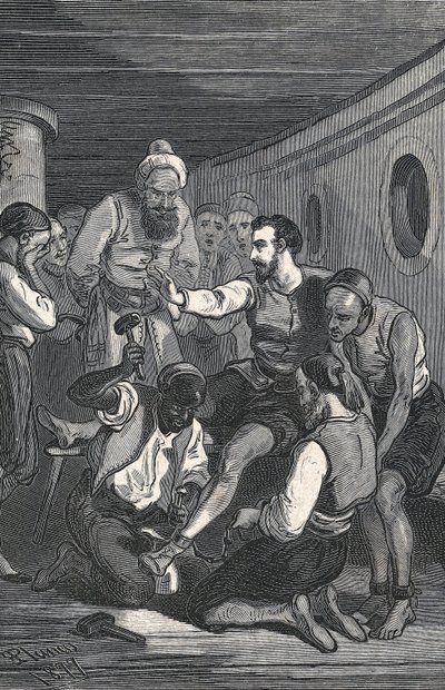 I trinitari Fray Juan Gil e Fray Anton de la Bella liberarono Cervantes dalla prigionia ad Algeri nel 1580 (incisione) da Artist Unknown