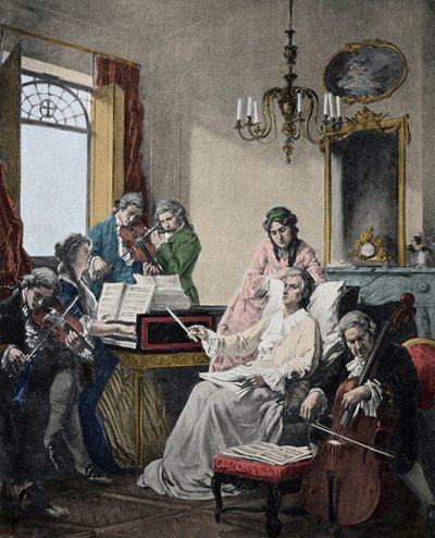 Wolfgang Amadeus Mozart (1756-1791) morente, dirige un gruppo di musicisti per il Requiem appena terminato (Mozart (1756-1791) nei suoi ultimi giorni di vita dirige un gruppo di musicisti per il Requiem) da Artist Unknown