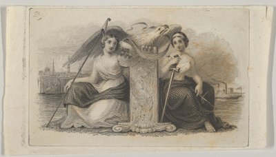 Vignetta di banconota con figure femminili che rappresentano Libertà e Giustizia da Asher Brown Durand.