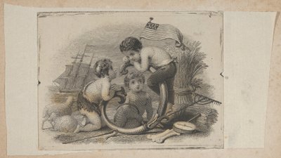 Vignetta di banconota con tre putti come pastore, contadino e marinaio da Asher Brown Durand.