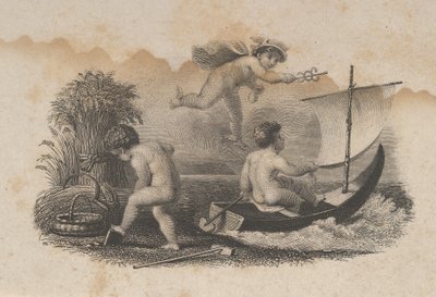 Vignetta di banconota con tre putti che simboleggiano il commercio e l