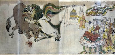 Il trionfo di Sariputra sugli eretici. Il saggio Sariputra dimostra la superiorità del Buddismo mostrando un leone attraverso un prodigio: il cerbiatto divora un toro che un mago eretico ha evocato da Asian School