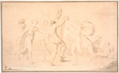 Baccanale. Un satiro, un baccante e tre baccanti danzano intorno a Priapo da Asmus Jacob Carstens