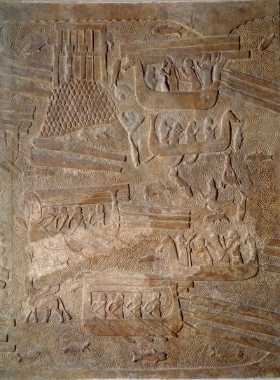 Arte mesopotamica (Assiria): cortile del palazzo del re di Assiria Sargon II (721 - 705 a.C.) trasporto di legno di cedro dal Libano da Assyrian