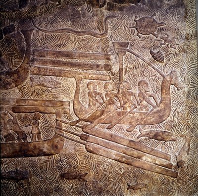 Spedizione navale: trasporto di legname dal Libano lungo la costa fenicia. Rappresentazione di una nave fenicia con una sola fila di rematori. Bassorilievo di Khorsabad, VIII secolo a.C. Periodo neo-assiro (circa 1000-612 a.C.), Mesopotamia. Museo del Louv da Assyrian