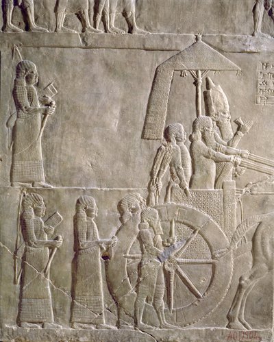 Rilievo che raffigura il carro del re Assurbanipal e prigionieri elamiti, episodi della campagna di Elam, dal Palazzo di Assurbanipal a Ninive, c.645 a.C. da Assyrian