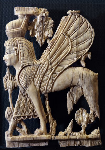 Grifone alato con volto umano, decorazione di mobili in avorio in stile fenicio, Nimrud, 800-700 a.C. (avorio) da Assyrian