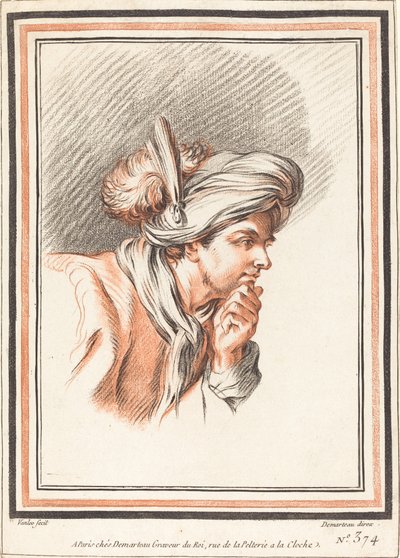Testa di un uomo con turbante piumato da Atelier of Gilles Demarteau the Elder after Carle Van Loo
