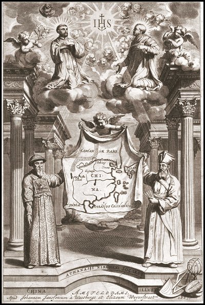 Adam Schall e Matteo Ricci in costume mandarino cinese, frontespizio di "China" di Athanase Kircher da Athanasius Kircher