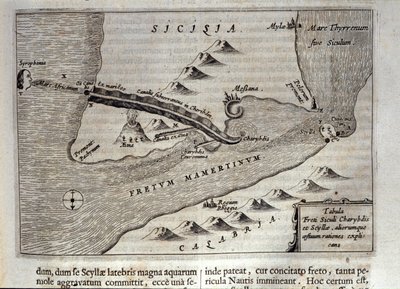 Rappresentazione cartografica di Cariddi e Scilla nello Stretto di Messina, Sicilia. Incisione da 