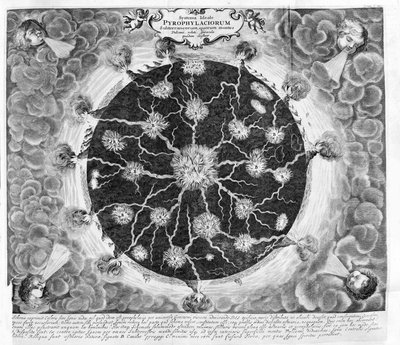 Sezione trasversale della terra che mostra il fuoco centrale, i fuochi e i vulcani, da un